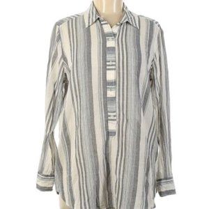 Lucky Brand White Grey Stripe Henley Long Sleeve Popover Collared Blouse Tunic